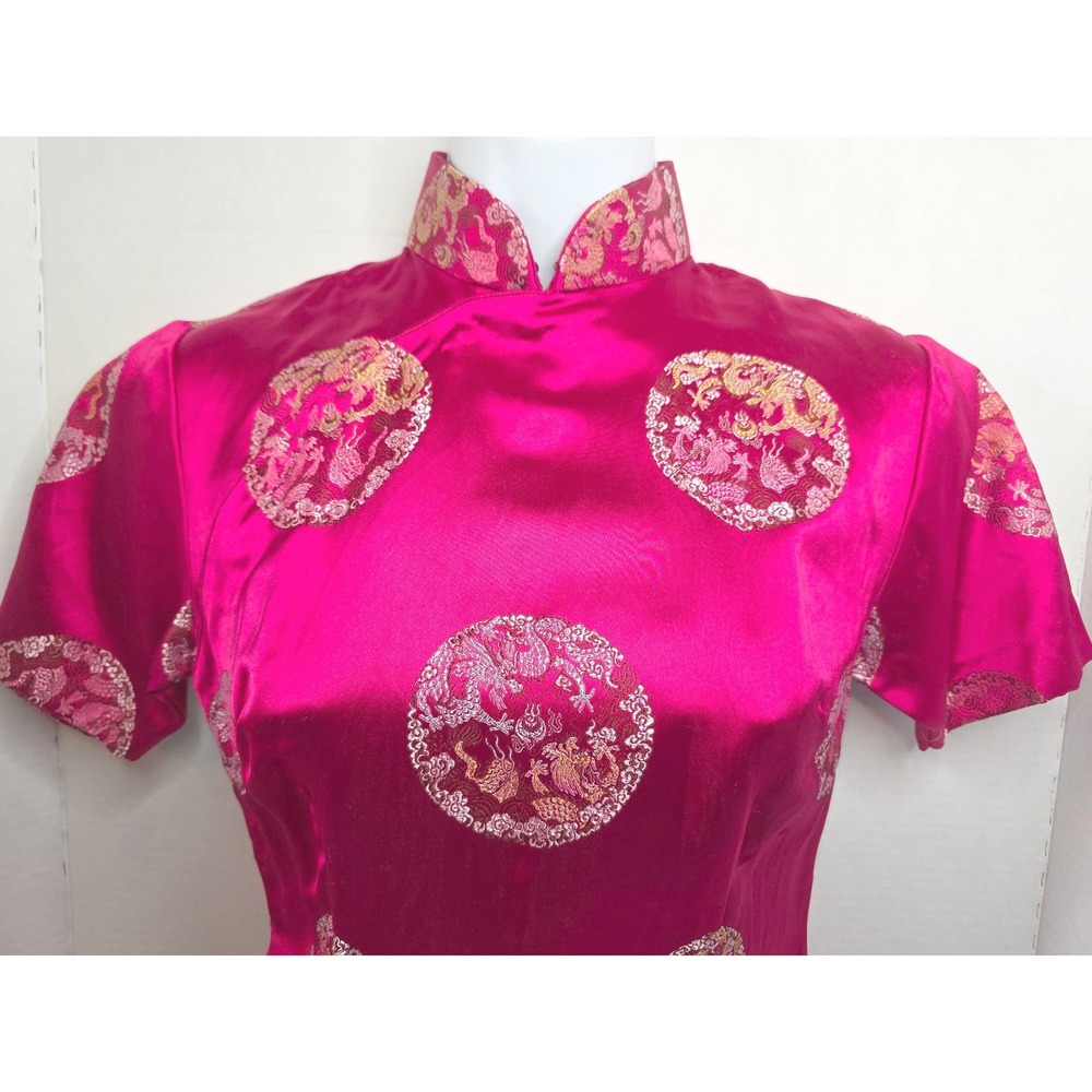 60s Vintage Fuchsia Pink Satin Cheongsam Qipao Dress Dragon Phoenix Brocade Midi - Picture 2 of 16